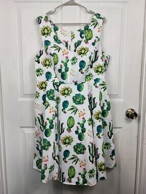 Eva Rose Dress XL White Green Cactus Southwestern Swing Pin Up Retro Pckts USA